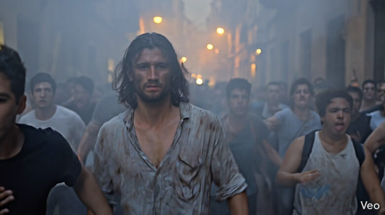 Uomo tra la folla durante una manifestazione con fumo e tensione urbana nel cortometraggio Le Ali sul Mediterraneo